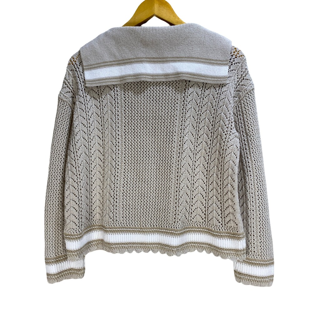 Talbots M Petite Beige Pointelle Sailor Collar Sweater Scalloped Hem‎ Neutral - Picture 2 of 10